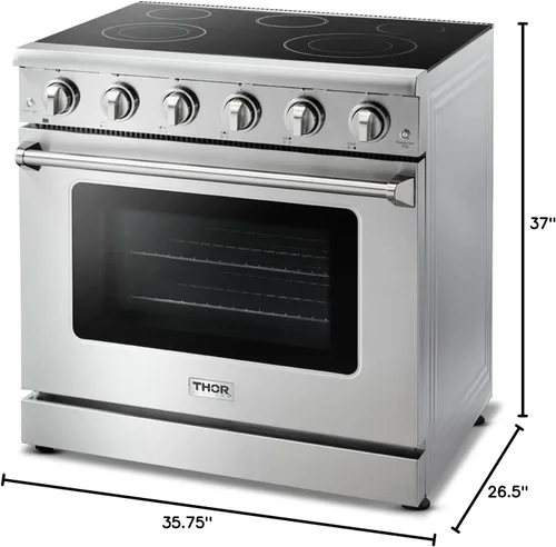 Vista 5 de THOR Kitchen Cocina eléctrica independiente de 36 pulgadas con horno de convección en acero inoxidable - Modelo HRE3601