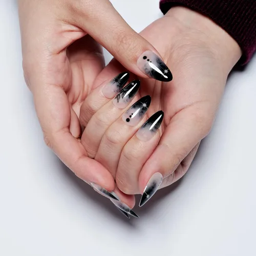 Vista 2 de GLAMERMAID Uñas postizas a presión con forma de almendra mediana, uñas de gel con punta francesa estilo gótico negro ombré, uñas postizas acrílicas