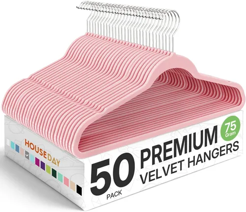 Vista 21 de HOUSE DAY - Paquete de 50 perchas de terciopelo premium, perchas antideslizantes de fieltro aterciopelado, perchas resistentes para ropa con gancho