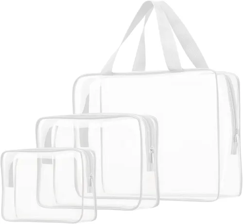 Vista 12 de 3 bolsas de cosméticos transparentes, aprobadas por la TSA, juego de bolsas de aseo transparentes para viajes, playa, bolsa de organización