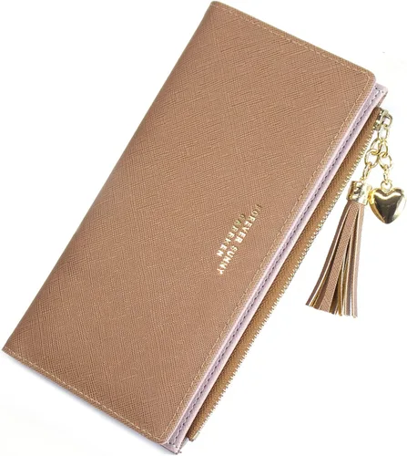 Vista 13 de Sumgogo - Cartera delgada para mujer, cartera larga con borlas, cierre zipper, monedero, bolso de mano, estuche para tarjetas, Rosa, Minimalista