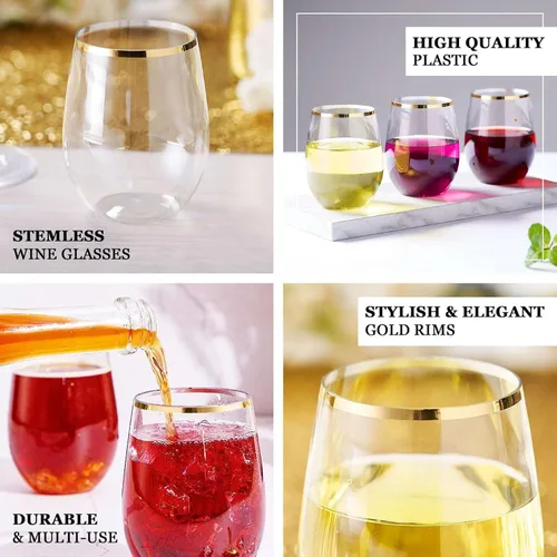Vista 4 de Efavormart - Paquete de 12 copas de vino de plástico transparente ámbar dorado de 12 onzas con borde dorado, vasos reutilizables para bodas