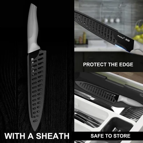 Vista 6 de PrinChef Cuchillo de chef, cuchillo de cocina ultra afilado de 8 pulgadas con funda, cuchillo de chef de acero de alto carbono con revestimiento