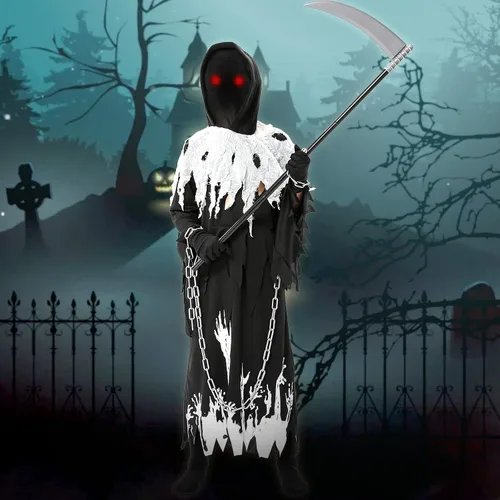 Vista 3 de Disfraz de Parca para niños y niños, disfraz de fantasma espeluznante de Halloween con guadaña de ojos rojos brillantes incluida, bata luminosa