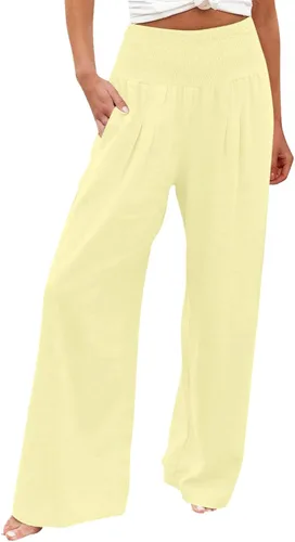 Vista 18 de SHAOBGE Pantalones palazzo de verano para mujer, cintura alta, pierna ancha, casual, cintura elástica, pantalones de playa con bolsillos