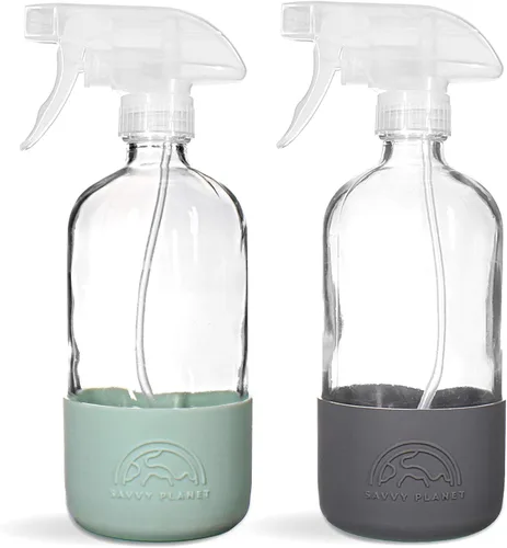 Vista 10 de SAVVY PLANET Botellas vacías de vidrio ámbar con protección de funda de silicona, recipientes recargables de 16 onzas para productos de limpieza