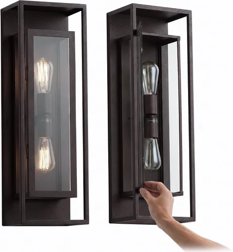 Vista 18 de mirrea Aplique de pared clásico para exteriores de 14 pulgadas, 1 luz en negro mate, marco de metal rectangular y pantalla de vidrio transparente