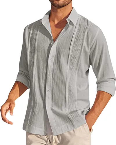 Vista 5 de Camisa de manga larga de lino y algodón para hombre, estilo casual, de verano, guayabera cubana, con botones, cuello de solapa sólida