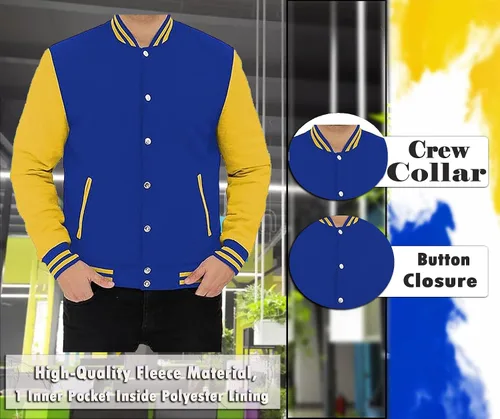 Vista 2 de Zulin Chaqueta de béisbol real y amarilla Chaqueta universitaria para hombre (2XL), azul, XXL (Zn45), Azul
