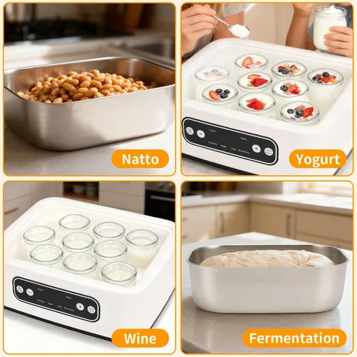 Vista 2 de El yogur griego casero viene con 9 frascos, control de temperatura y temporizador inteligente, vino de arroz multiusos, fermentación, natto, etc.