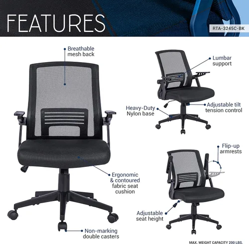 Vista 4 de Techni Mobili, Silla ergonómica negra de malla de oficina Mid-back office chair, lumbar support, breathable mesh back, height adjustable, flip-up