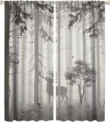 Vista 10 de Cortinas opacas con diseño de ciervos, bosque brumoso, rústico, vida silvestre, alce, montaña, pájaros, pino, bosque, cortinas de ventana