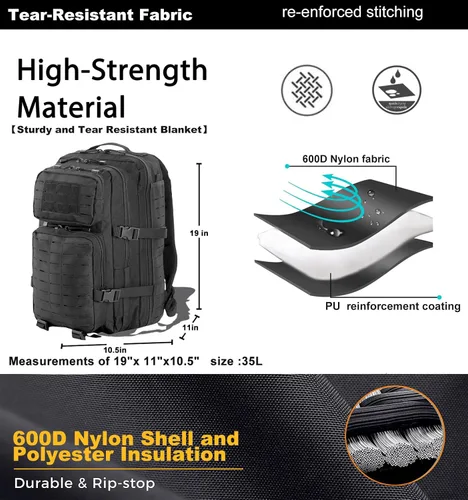 Vista 5 de Mochila táctica militar Miramrax para hombres 35L, pequeña, sistema Molle, resistente al agua, mochila de asalto de 3 días para bolsa de evacuación
