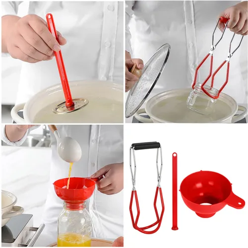 Vista 3 de Canning Essentials Kit ZZLZX - 1 embudo de enlatado de boca ancha roja con tapa magnética, kit de pinzas para conservas, tarros de conserva