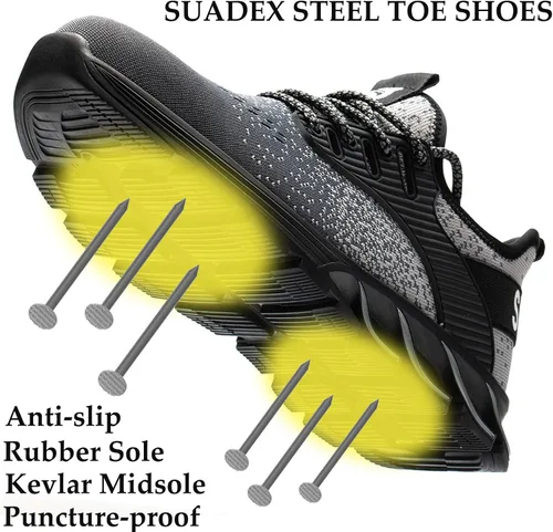 Vista 3 de SUADEX Zapatos deportivos con punta de acero para hombres y mujeres, indestructibles, ligeros, cómodos, antideslizantes, puntera compuesta