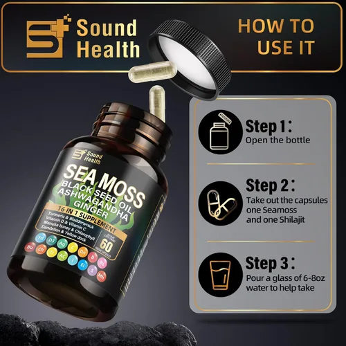 Vista 5 de Cápsulas de musgo marino con Ashwagandha, cúrcuma, vejiga, vitaminas C y D para energía natural, apoyo para el sueño y crecimiento del cabello