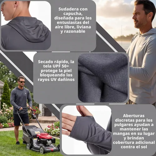 Vista 6 de Paquete de 3 camisas de protección solar UPF 50+ para hombre, con capucha y Paquete de 3 gris claro/azul/gris