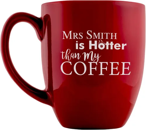 Vista 5 de PlaqueMaker Taza de café bistró de cerámica personalizada, texto grabado con láser, 16 onzas (rojo)