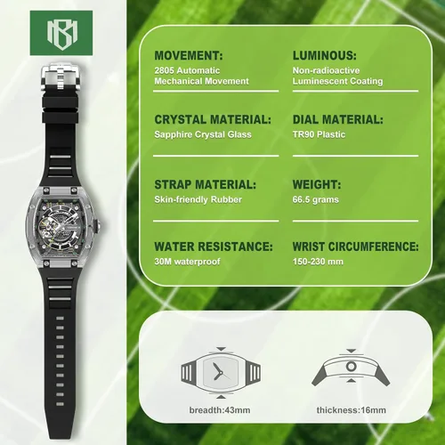 Vista 2 de MINBER Reloj automático de esqueleto, esfera de 1.693 in con manecillas luminosas, reloj de cuerda automática, resistente al agua 3 ATM, plástico