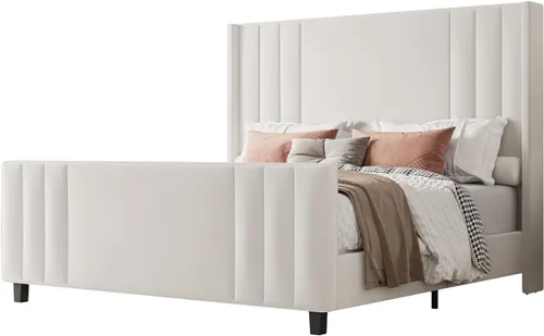 Vista 8 de Albott Base de cama de plataforma tamaño King, cama tapizada con cabecera y pie de cama con respaldo alado capitoné de canales verticales, Crema