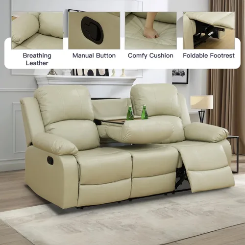 Vista 4 de Juego de Muebles para Sala de Estar, Juego de Sofá Reclinable Manual, Juegos de Sofás Reclinables de Cuero Beige con Mesa Desplegable, Sofá