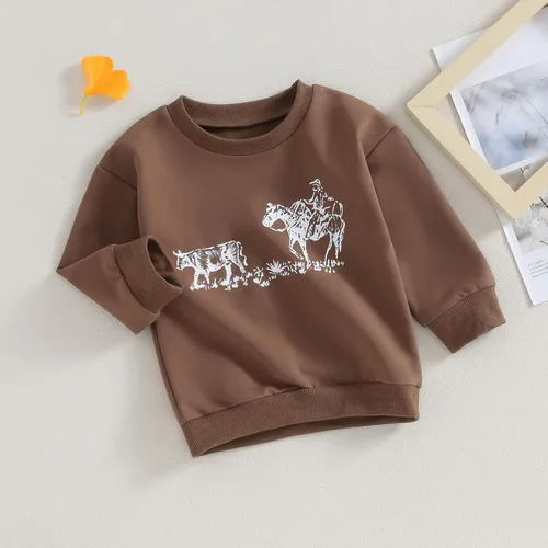 Vista 6 de Lamuusaa Ropa occidental para bebé niña y niño, sudadera con cuello redondo y estampado de vaca, suéter de gran tamaño, ropa de otoño 6M-4T
