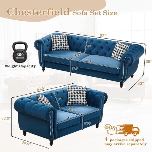 Vista 2 de Juego de 2 sofás de terciopelo negro moderno de mediados de siglo, sofá y sofá biplaza con botones copetudos, muebles para la sala, cómodo sofá Azul