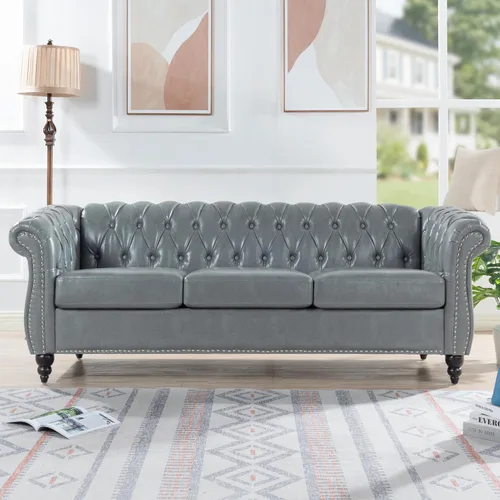 Vista 18 de Muebles de sofá Chesterfield de tela de 85 pulgadas, sofá tapizado con respaldo copetudo, brazo enrollable, sofá Chesterfield clásico para sala