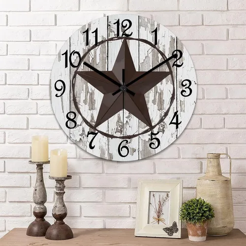 Vista 11 de Reloj de pared con diseño de estrella de Texas occidental, reloj de madera retro sin tictac, silencioso a pilas, fácil de leer, elegante reloj