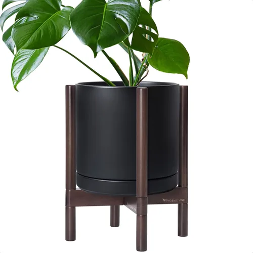 Vista 75 de D'vine Dev Maceta de cerámica con soporte de ébano – Maceta redonda moderna de 8 pulgadas con soporte para maceta de madera, color negro, 55-B-M-2