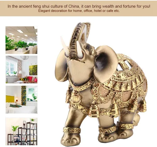 Vista 8 de Wal Front Estatua de elefante de poliresina dorada, escultura de tronco de riqueza, decoración para el hogar, adorno de Feng Shui (L)