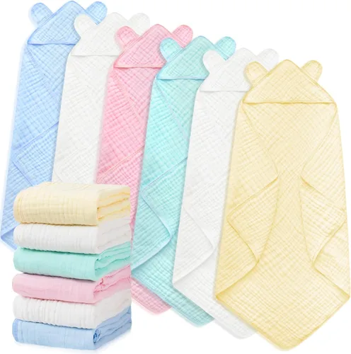 Vista 7 de Preboun 6 toallas de muselina con capucha para bebé, gris, rosa, blanco