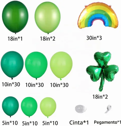 Vista 2 de Kit de guirnalda de arco de globos del día de San Patricio, globos verdes, trébol de la suerte, globos de papel de aluminio arcoíris para decoración