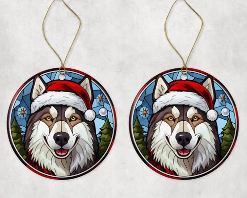 Vista 3 de Husky - Adorno de cerámica de vitral de Navidad, adorno colgante para árbol de Navidad, adorno de vitral de perro, adorno religioso para cristianos