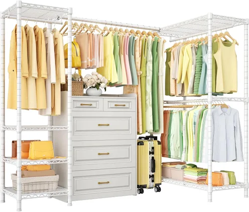 Vista 10 de ULIFHOME E10L - Perchero en forma de L para esquina (con barra de suspensión expandible), resistente y independiente para colgar ropa, perchero