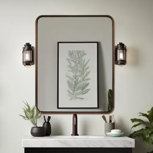 Vista 56 de Espejo de latón para baño, espejo rectangular redondeado de 22x30 pulgadas con marco de metal cepillado dorado, espejo de tocador de baño sin