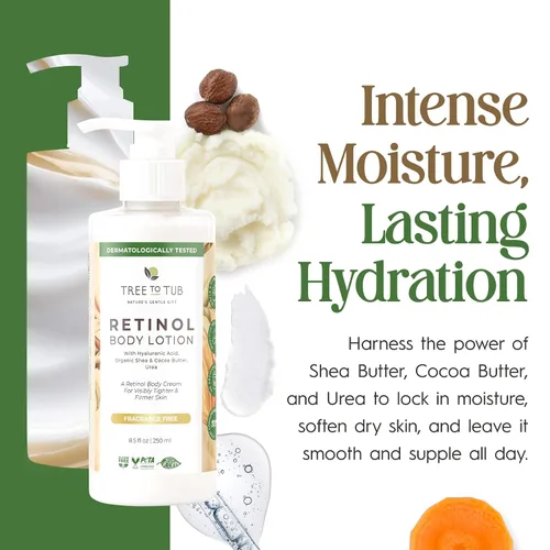 Vista 4 de Tree To Tub Loción corporal Retinol - Crema corporal hidratante, crema reafirmante avanzada con ácido hialurónico y manteca de karité, loción