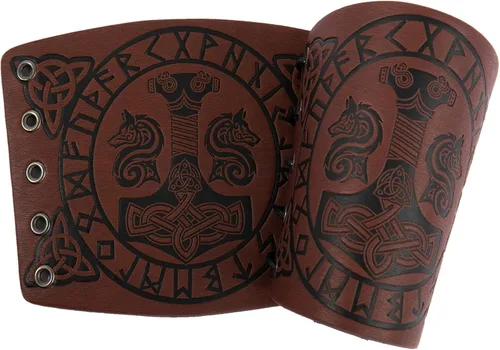 Vista 2 de Brazaletes vikingos, armadura de cuero, martillo de Thor, guanteletes de brazo nórdico en relieve, pulsera medieval LARP con tiro con arco