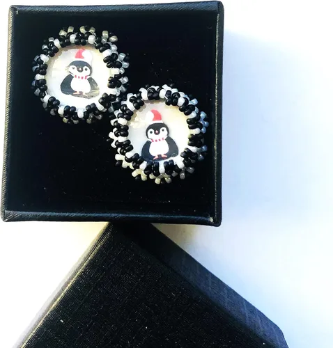 Vista 2 de Winter Jewelry black and white Beadwoven Miniature Penguin post Earrings/or Pendant Nature Statement Necklace black Chain