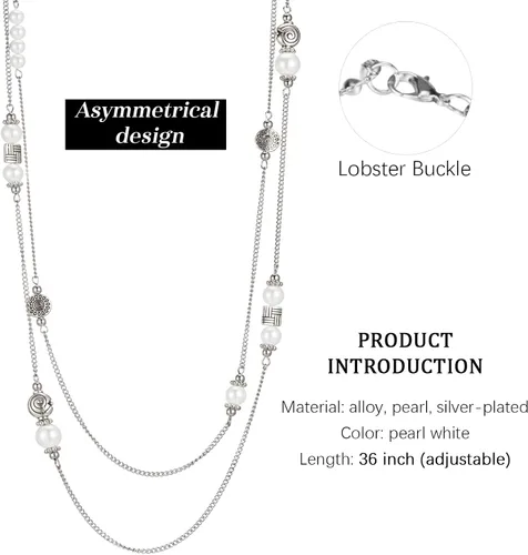 Vista 5 de BULINLIN Collar largo de plata en capas para mujer, collar de cadena de suéter con cuentas de piedra turquesa para mujer, joyería de disfraces