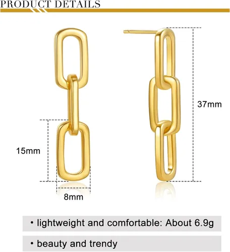 Vista 2 de Aretes de cadena de oro Aretes colgantes de plata de ley 925 con eslabones de cadena de clip Regalo para mujer