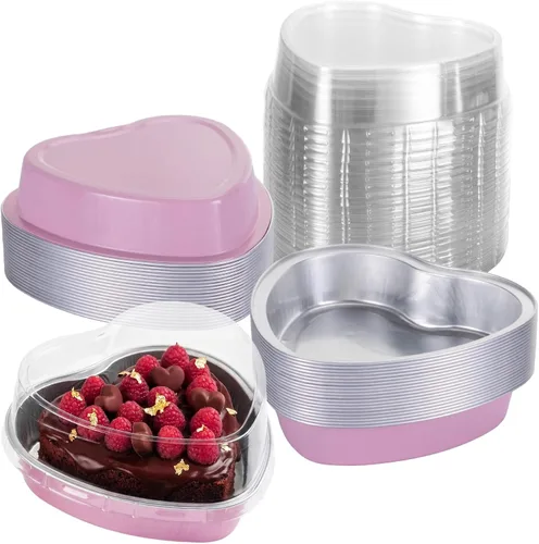 Vista 11 de Juego de 15 moldes para pasteles en forma de corazón con tapas, mini recipientes desechables de papel de aluminio para cupcakes de 22.7 onzas