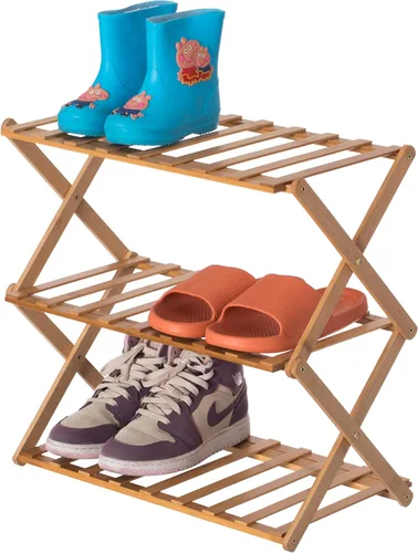 Vista 7 de Basicwise Zapatero plegable de bambú y estante de almacenamiento, organizador de madera multiusos para entrada, armario o sala de estar, soporte