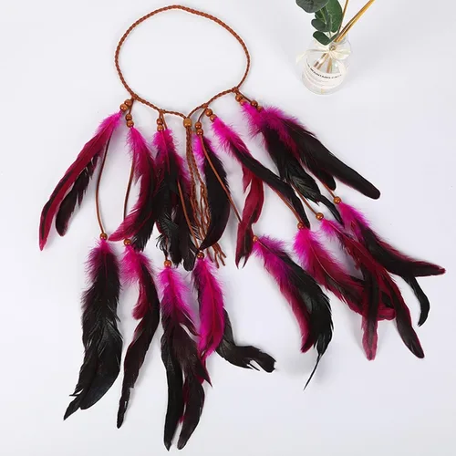 Vista 5 de Diadema de plumas bohemias, tocado gitano indio con borla de plumas largas, cuerda trenzada ajustable con cuentas