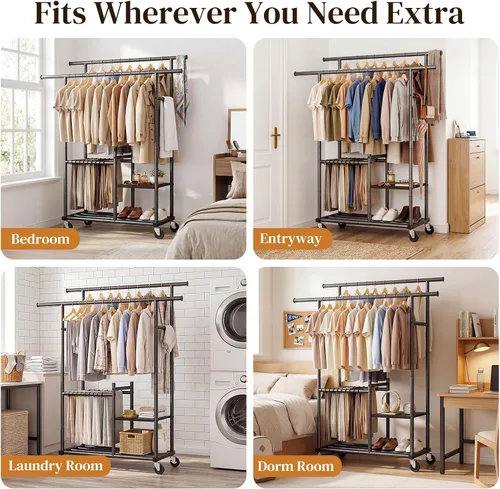 Vista 8 de HOKEEPER Clothes Rack, Double Rods Rolling Clothing Rack for Hanging Clothes, Portable Garment Rack with 3-Tier Storage Shelves, Free Standing
