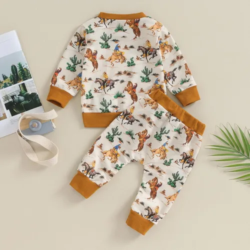 Vista 6 de Amiblvowa Traje occidental para bebé niño, sudadera de manga larga con cuello redondo y estampado de vaca, pantalones deportivos, lindos pantalones