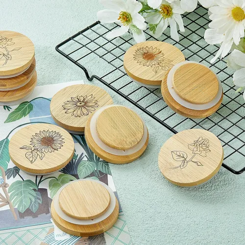 Vista 6 de Gueevin Juego de 6 tapas para tarros de yogur a granel de madera de bambú compatibles con tarros de yogur Oui, redondos, reutilizables, con anillos