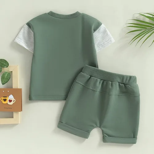 Vista 65 de Conjunto de traje de verano para bebé niño pequeño, manga corta, cuello redondo, letras impresas, lindo traje de verano, conjunto de 2 piezas