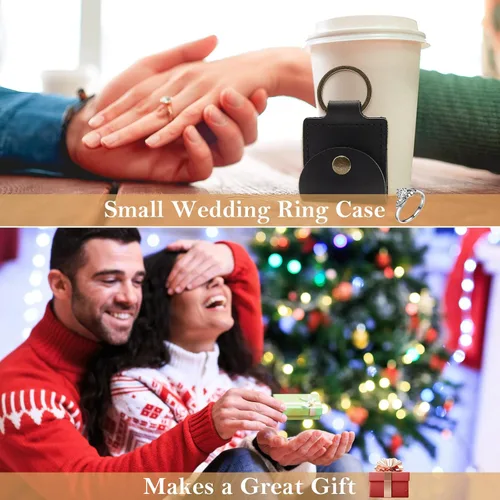 Vista 4 de AhrtyeeVehiky Llavero de cuero hecho a mano con llavero de compromiso de boda, estuche para anillo pequeño para novia y novio para almacenamiento