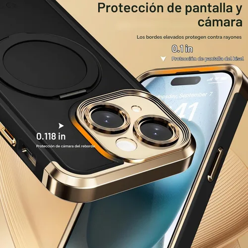 Vista 6 de COOLQO - Funda para iPhone 13 de 6.1 pies, soporte magnético giratorio de 360°, color negro y dorado